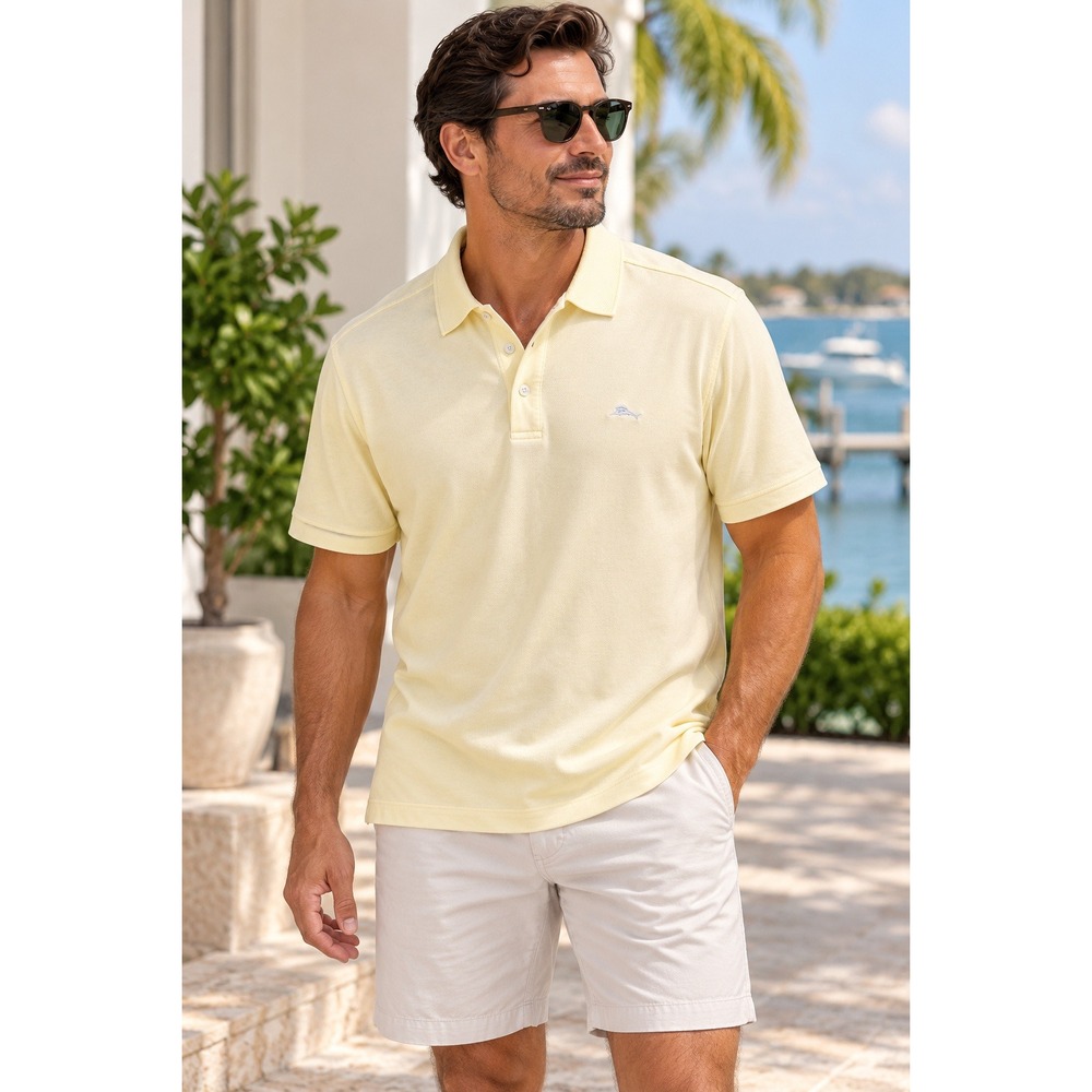 Tommy Bahama Mens XL Polo Shirt Pale Yellow Short Sleeve‎ Supima Cotton Golf